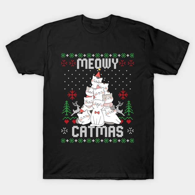 Meowy Catmas Ugly Christmas Sweater Funny Xmas Tree Cat Gift T-Shirt by Eleganto4Tee